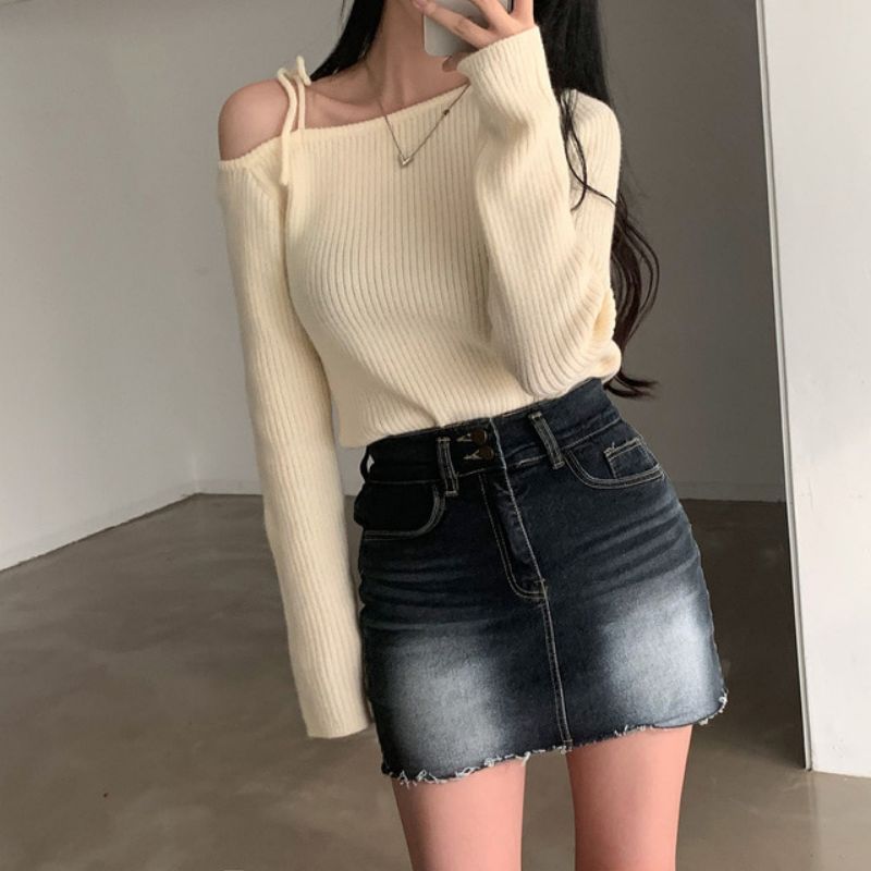 Korean style spring irregular oblique collar sweater