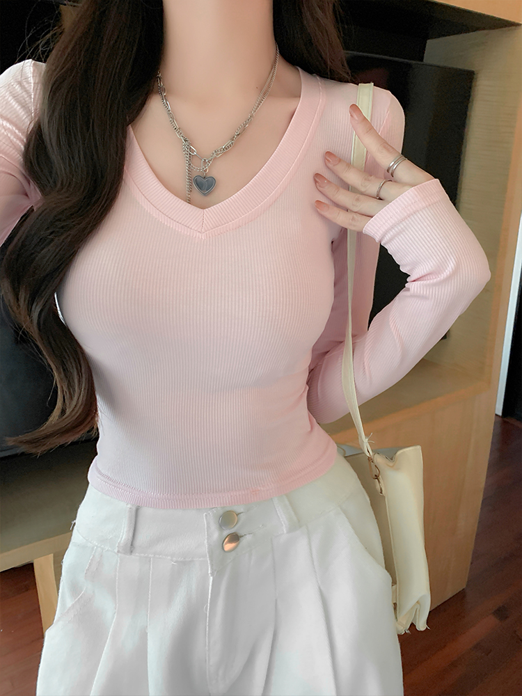 Long sleeve spring tops short Korean style T-shirt