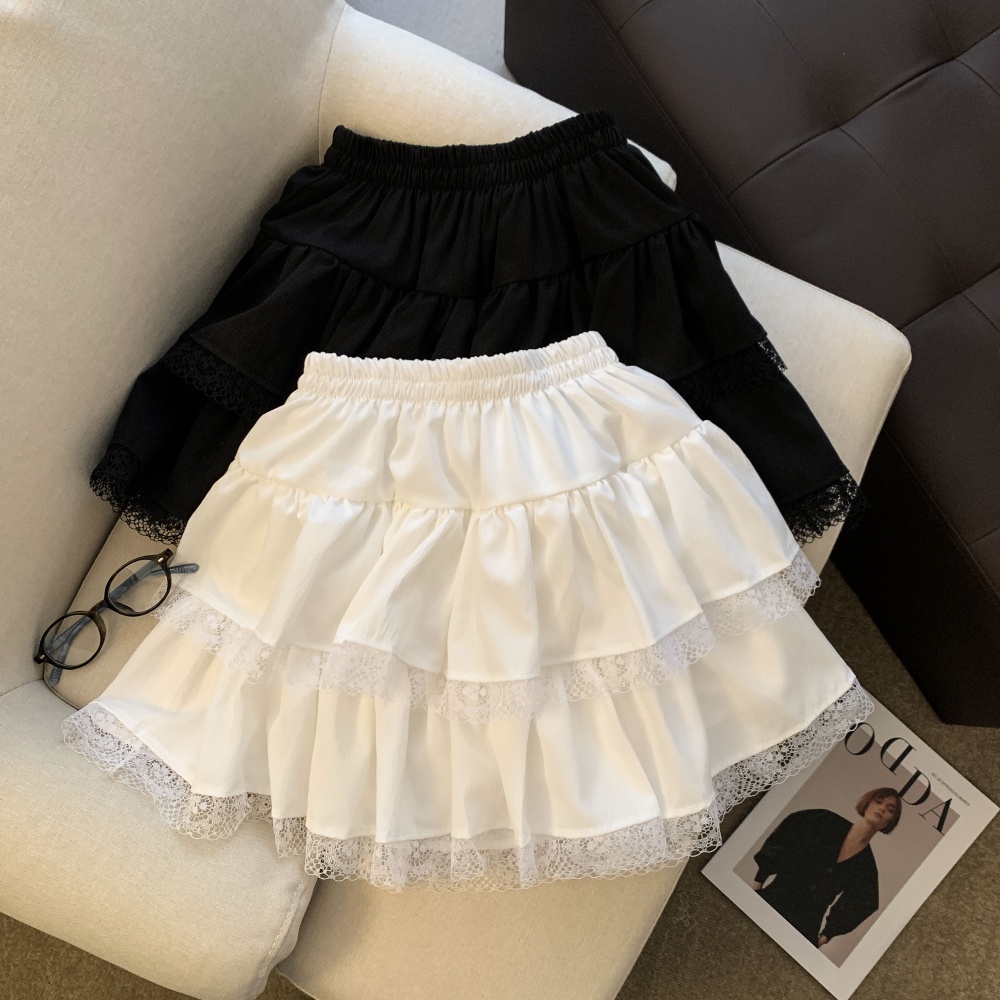 Sweet splice cake fold skirt A-line lace high waist short skirt