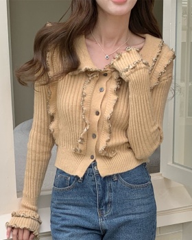 Lapel long sleeve slim tops wood ear temperament sweater