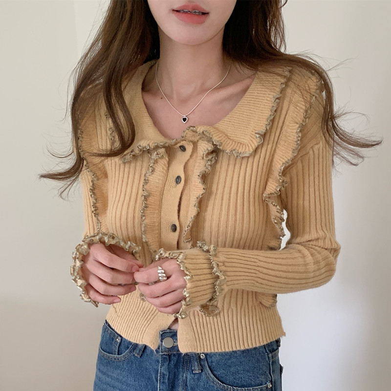 Lapel long sleeve slim tops wood ear temperament sweater