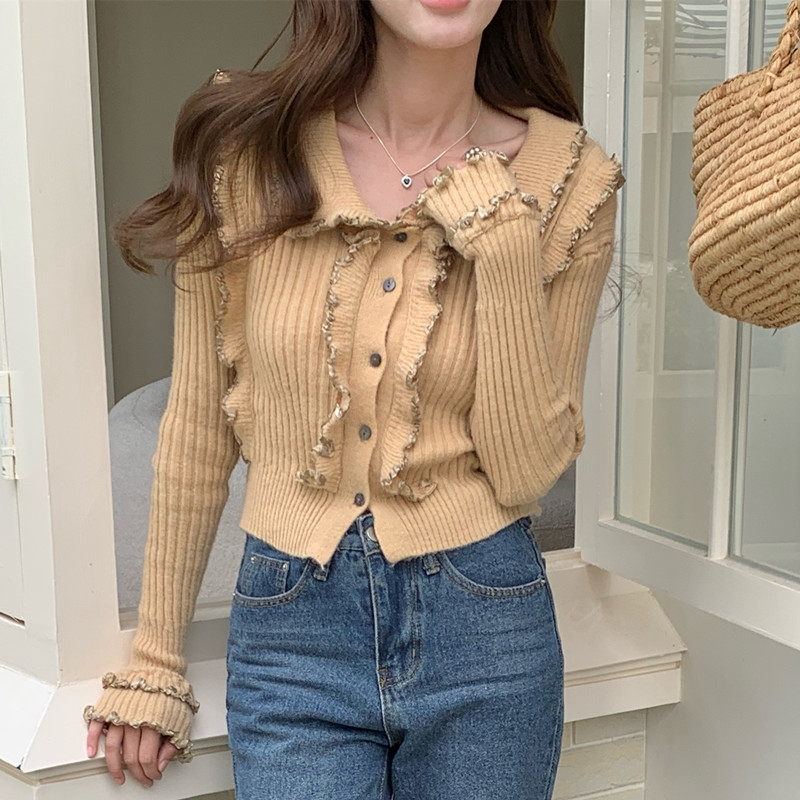 Lapel long sleeve slim tops wood ear temperament sweater