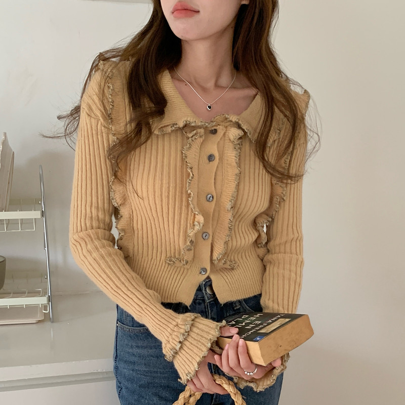 Lapel long sleeve slim tops wood ear temperament sweater