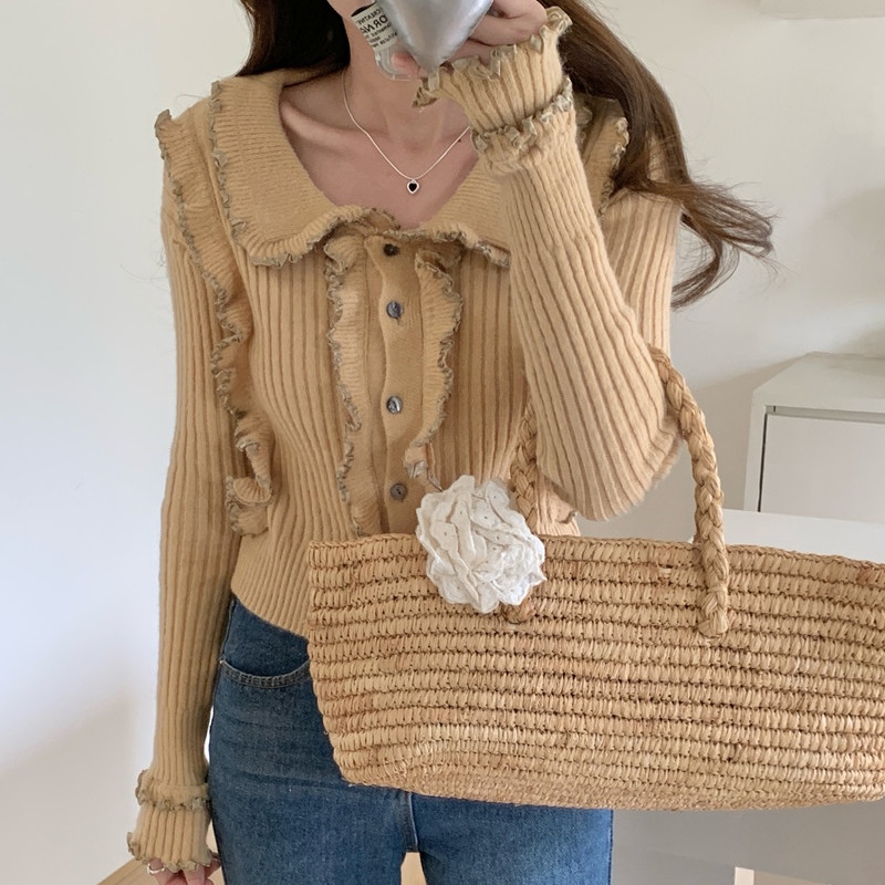 Lapel long sleeve slim tops wood ear temperament sweater