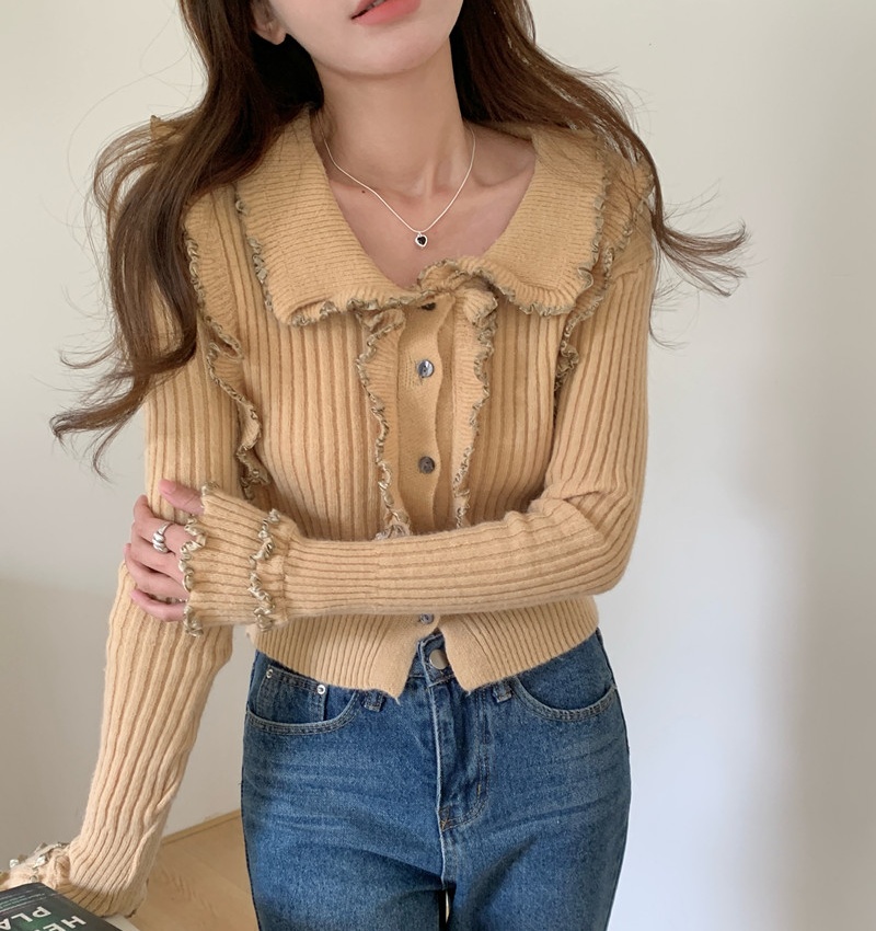 Lapel long sleeve slim tops wood ear temperament sweater