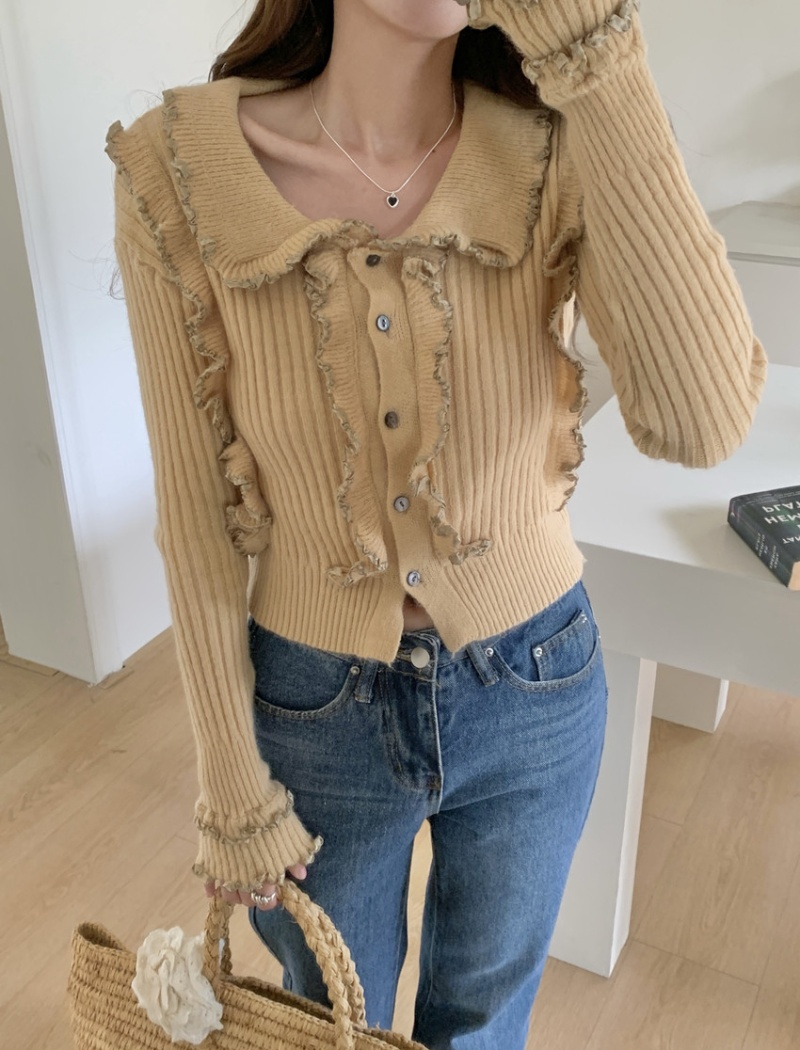 Lapel long sleeve slim tops wood ear temperament sweater