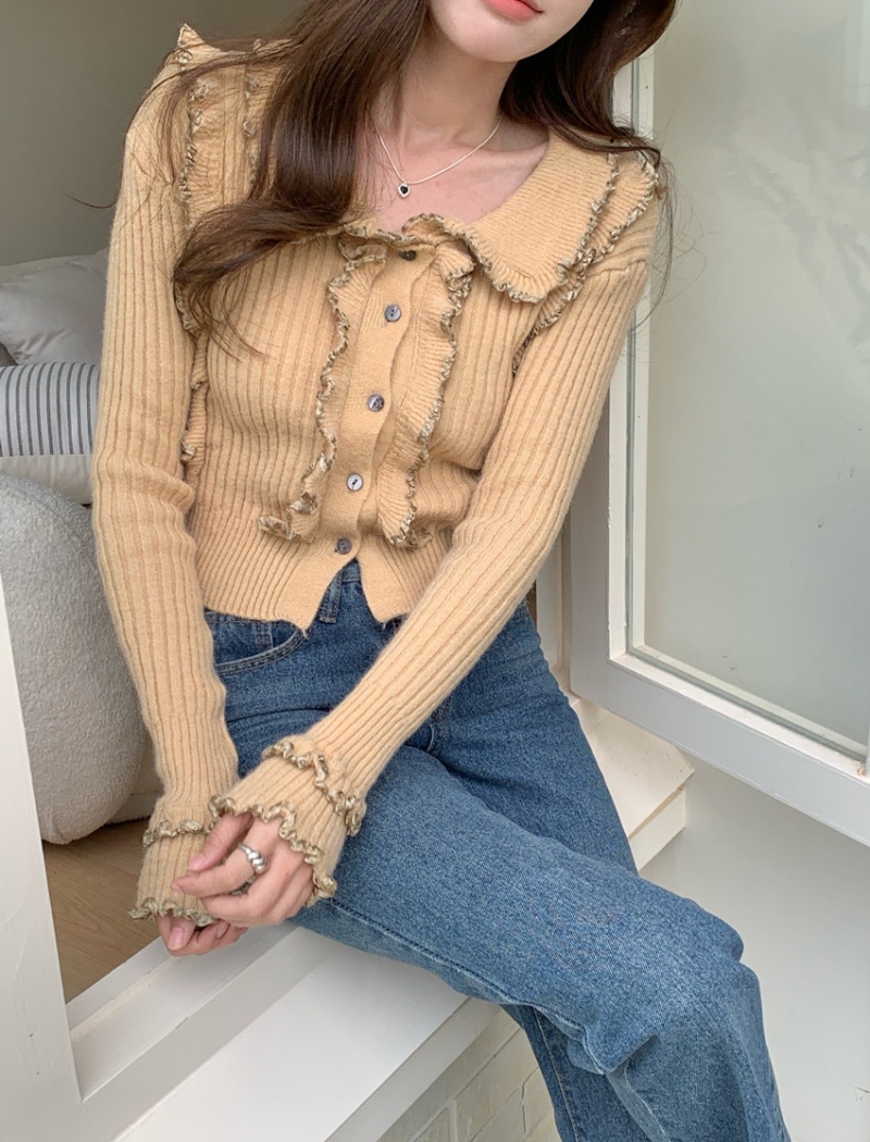 Lapel long sleeve slim tops wood ear temperament sweater