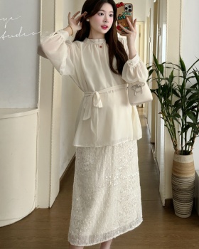 Temperament sequins shirt ladies fold skirt 2pcs set