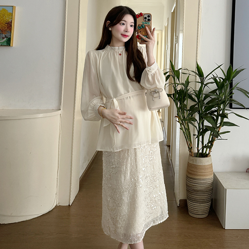 Temperament sequins shirt ladies fold skirt 2pcs set