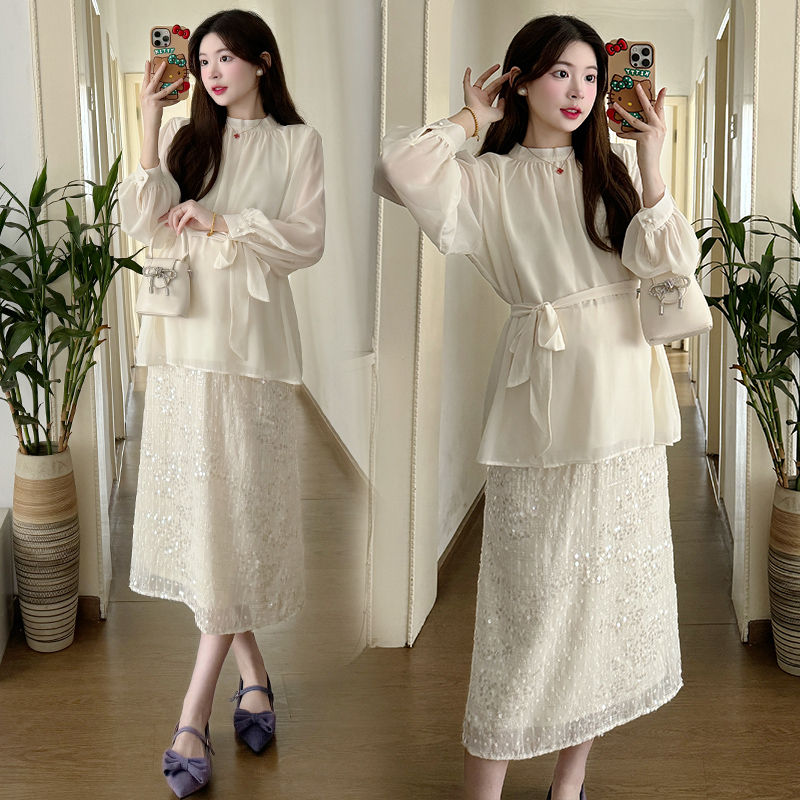 Temperament sequins shirt ladies fold skirt 2pcs set