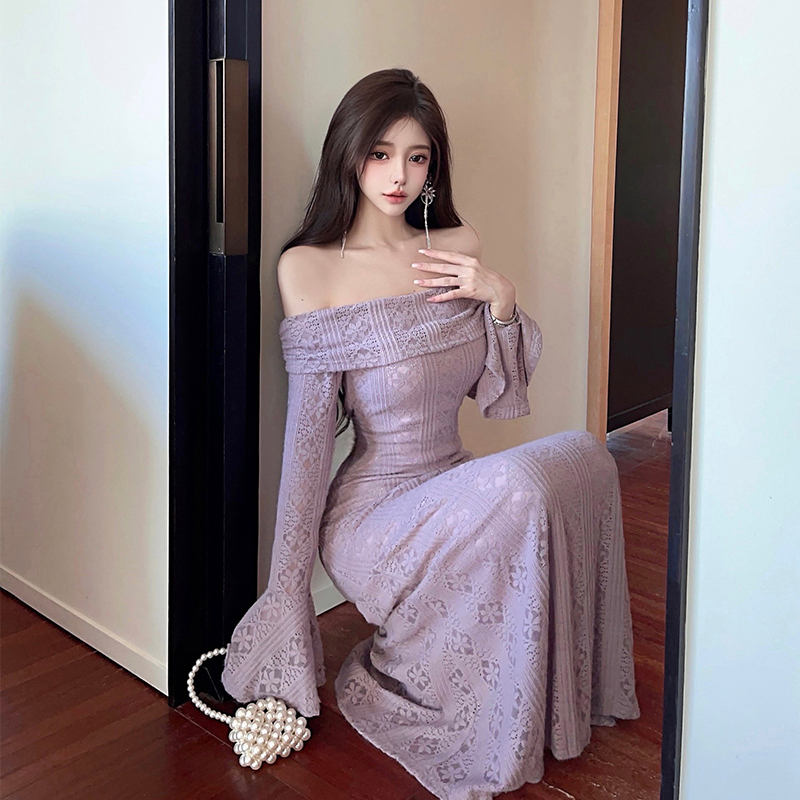 France style lace long dress purple dress for women