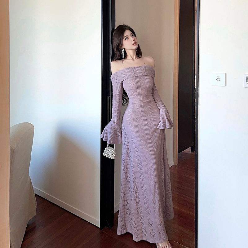 France style lace long dress purple dress for women