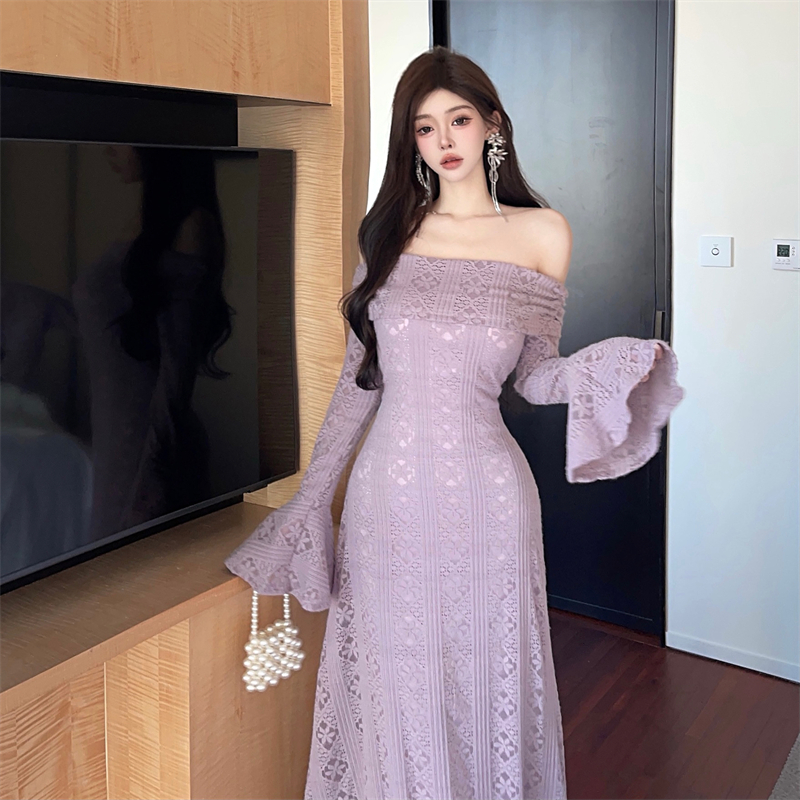 France style lace long dress purple dress for women