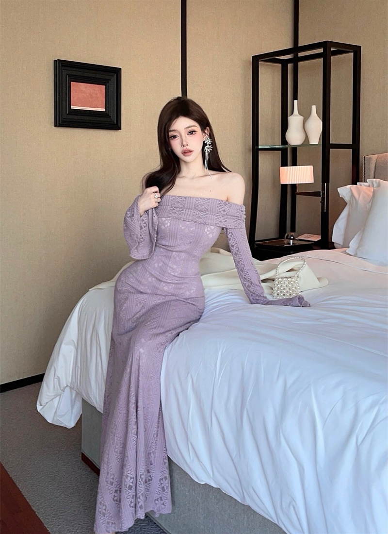 France style lace long dress purple dress for women