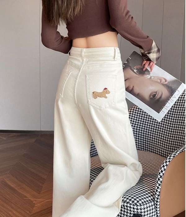 White spring and autumn pants embroidery jeans for women