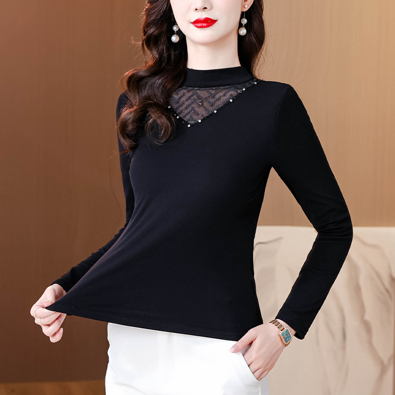 Slim lace tops beading high collar bottoming shirt for women