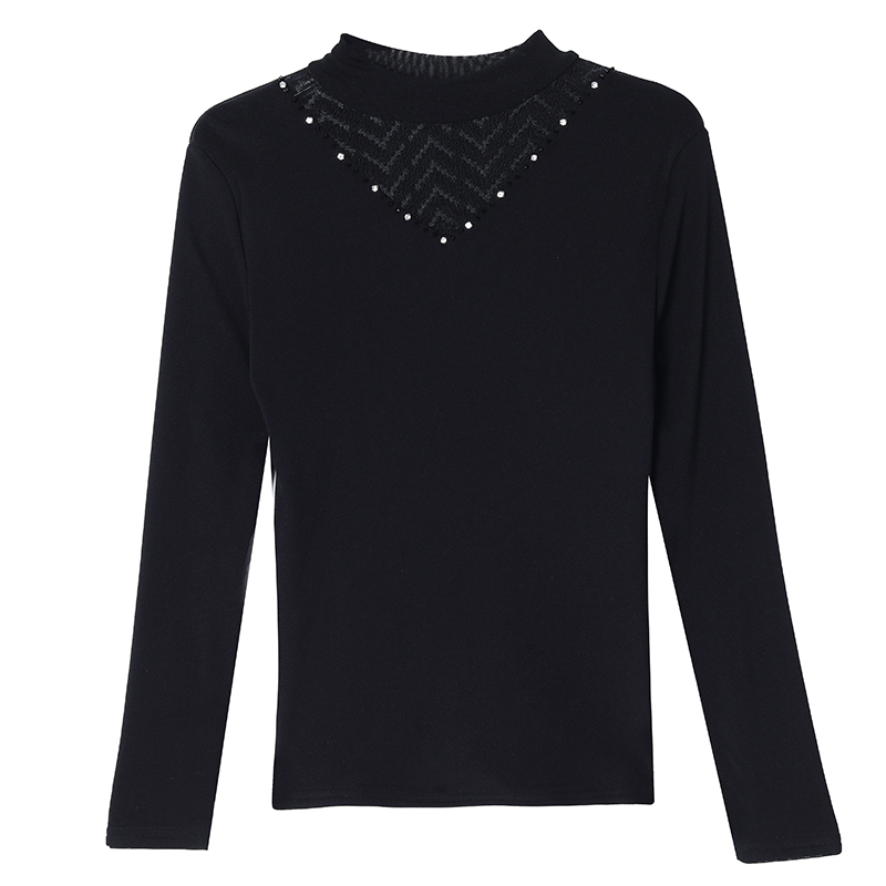 Slim lace tops beading high collar bottoming shirt for women