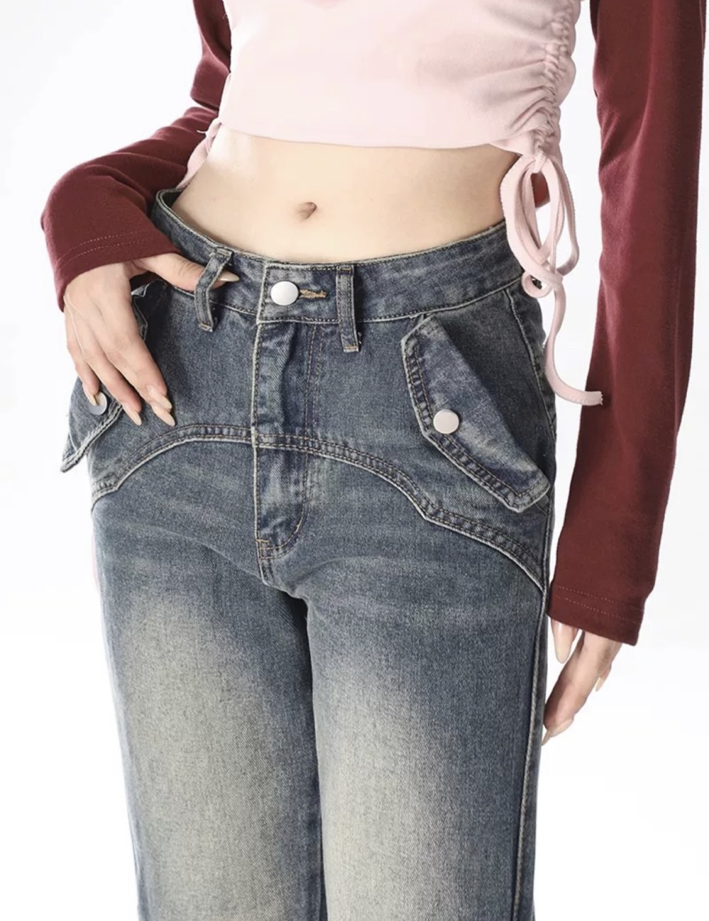 Breasted mopping pants retro jeans for women