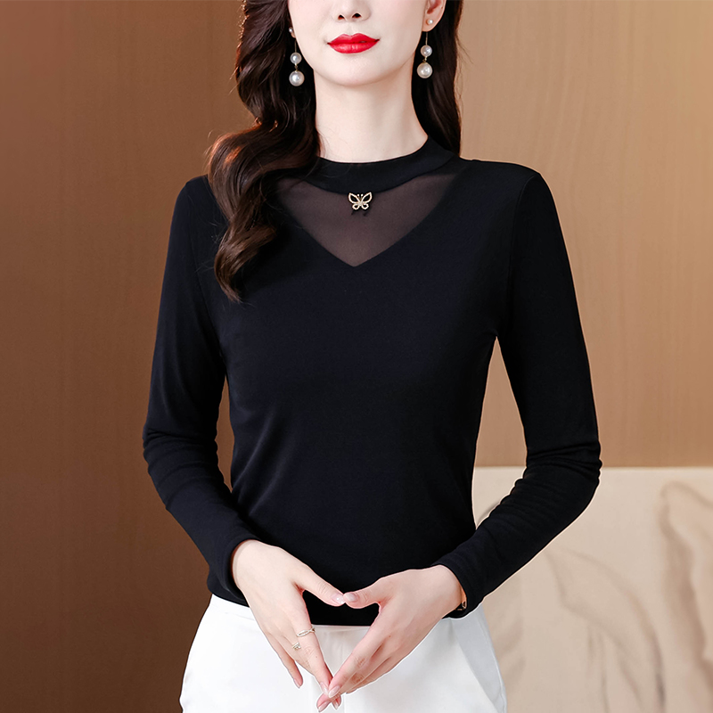 Lace spring gauze tops slim beading bottoming shirt for women