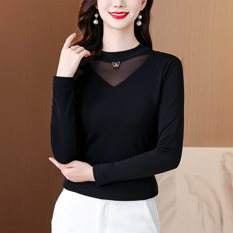 Lace spring gauze tops slim beading bottoming shirt for women