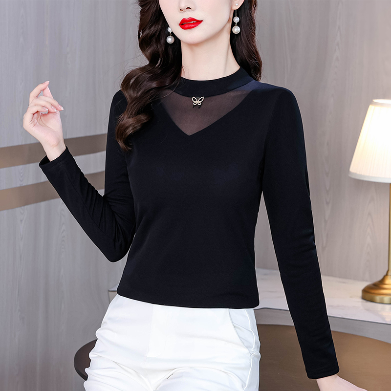 Lace spring gauze tops slim beading bottoming shirt for women