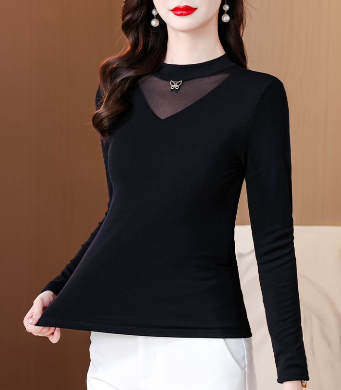 Lace spring gauze tops slim beading bottoming shirt for women