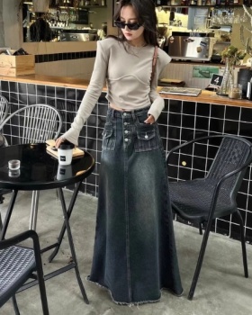 Denim American style long skirt navy blue skirt for women