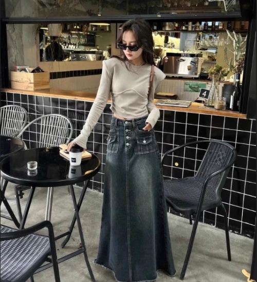 Denim American style long skirt navy blue skirt for women