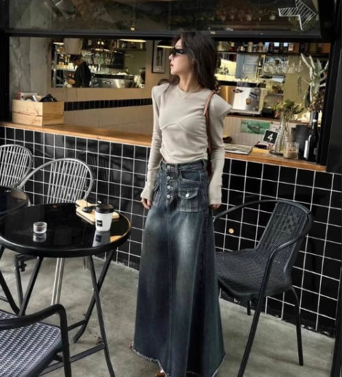 Denim American style long skirt navy blue skirt for women