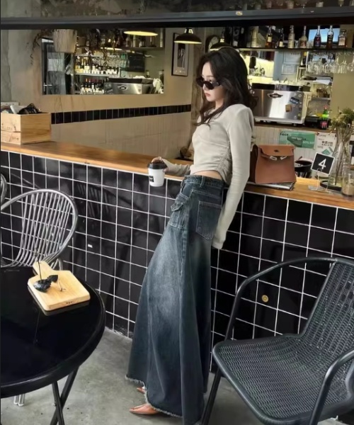 Denim American style long skirt navy blue skirt for women