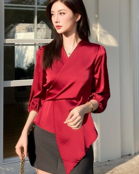 Pinched waist satin shirt bandage spring and summer tops