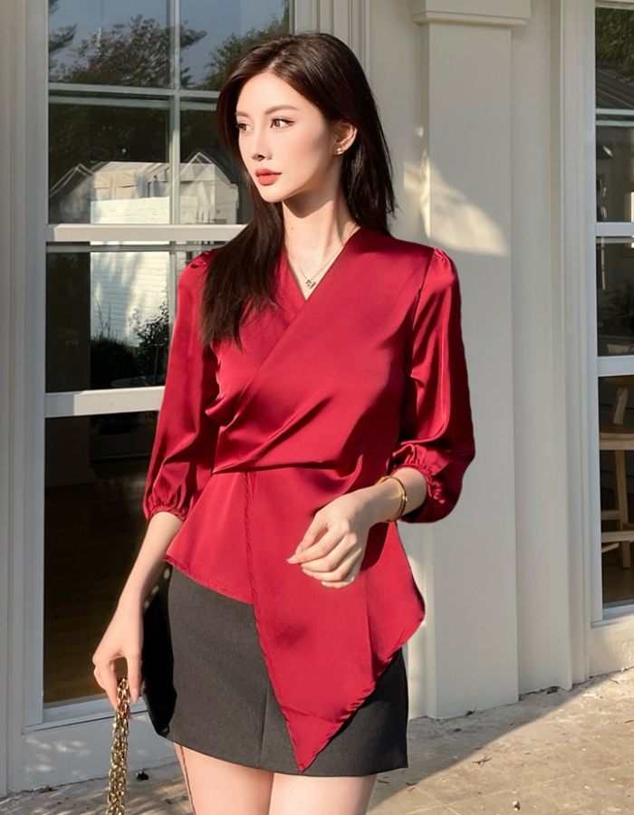 Pinched waist satin shirt bandage spring and summer tops