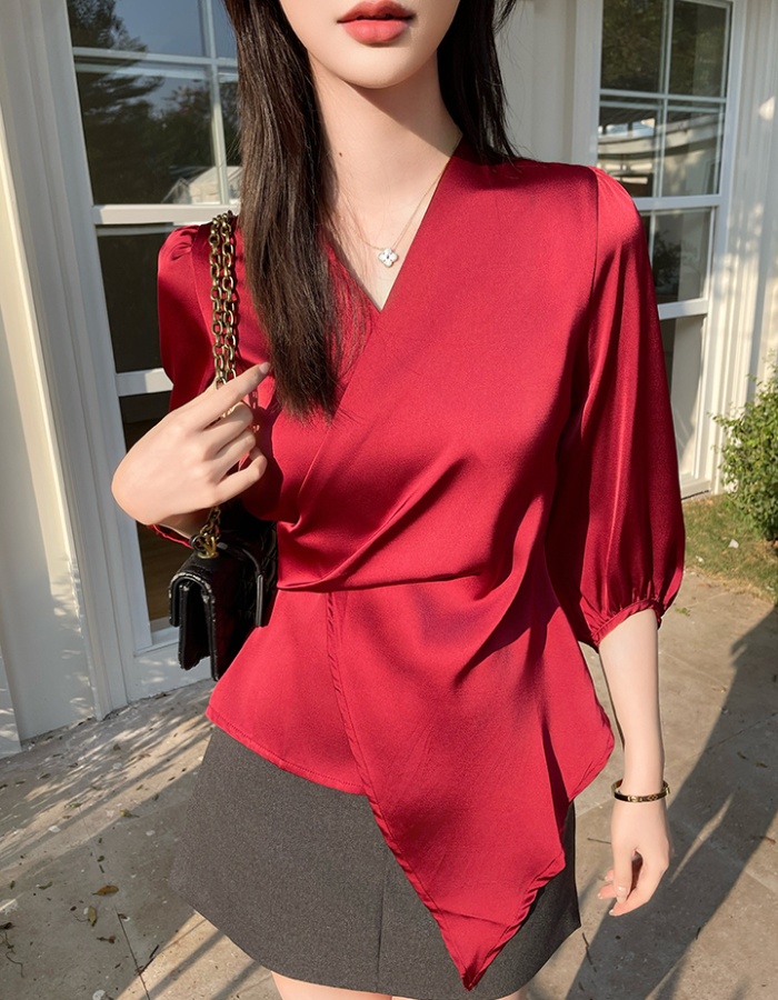 Pinched waist satin shirt bandage spring and summer tops