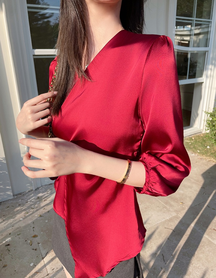 Pinched waist satin shirt bandage spring and summer tops