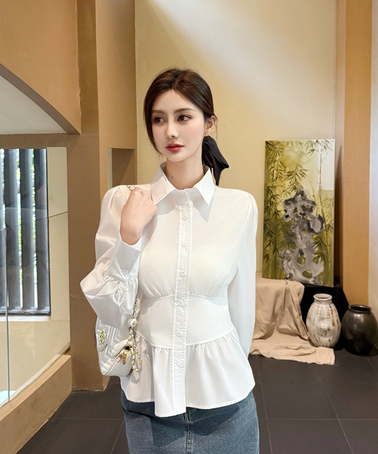 Pinched waist unique white shirt spring niche tops