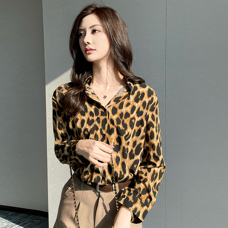 Lapel leopard unique shirt retro single-breasted spring tops