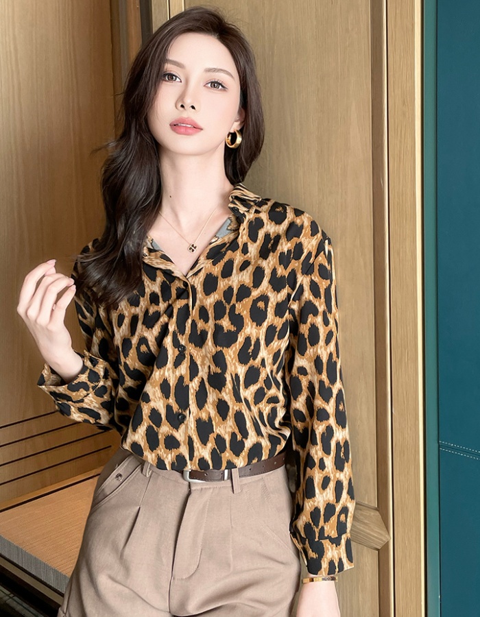 Lapel leopard unique shirt retro single-breasted spring tops