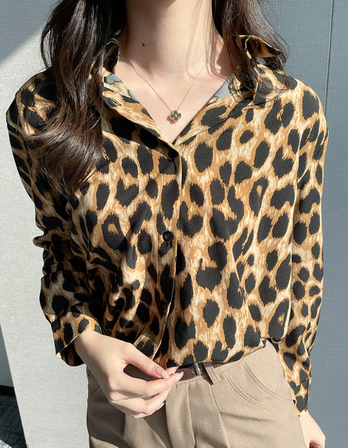 Lapel leopard unique shirt retro single-breasted spring tops