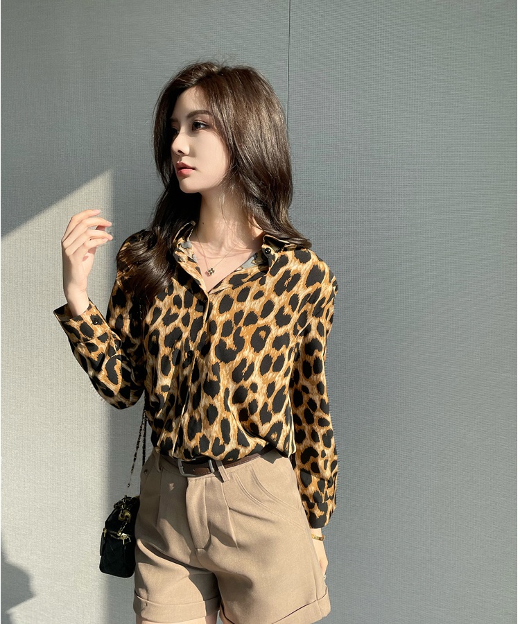 Lapel leopard unique shirt retro single-breasted spring tops