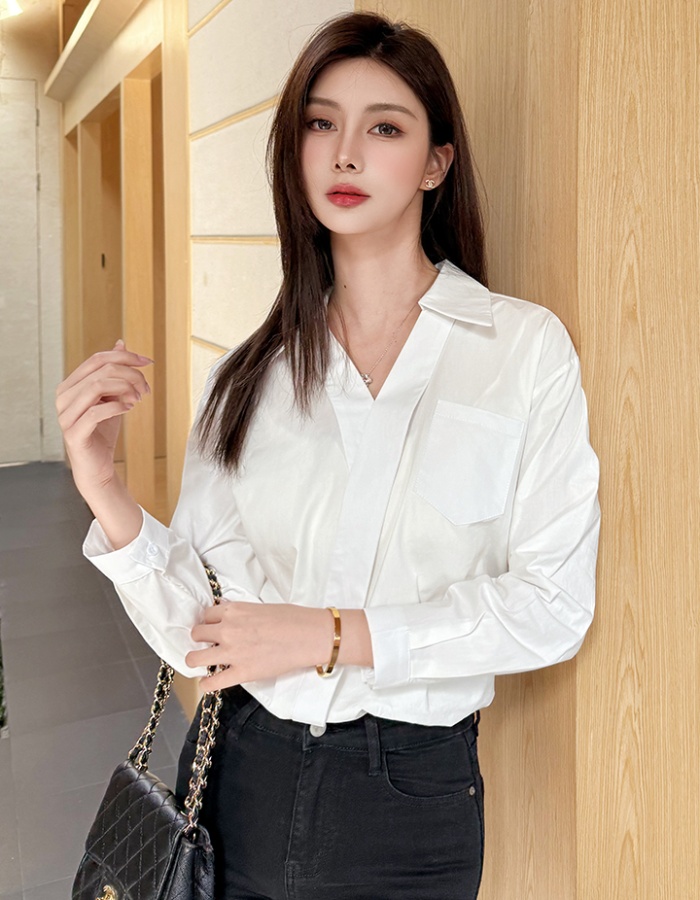 Loose V-neck light luxury tops commuting white spring shirt