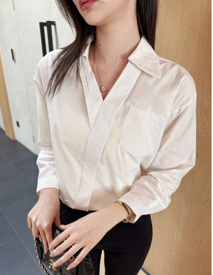 Loose V-neck light luxury tops commuting white spring shirt