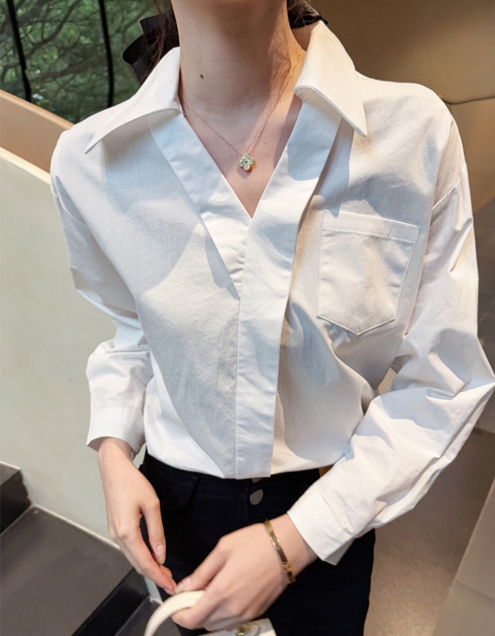 Loose V-neck light luxury tops commuting white spring shirt