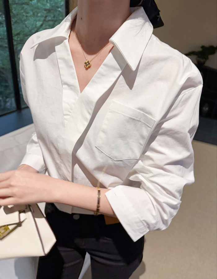 Loose V-neck light luxury tops commuting white spring shirt