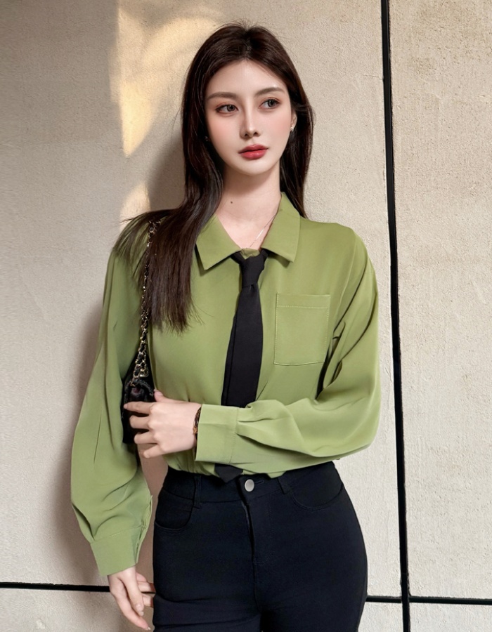 Niche chiffon green shirt long sleeve spring tops for women