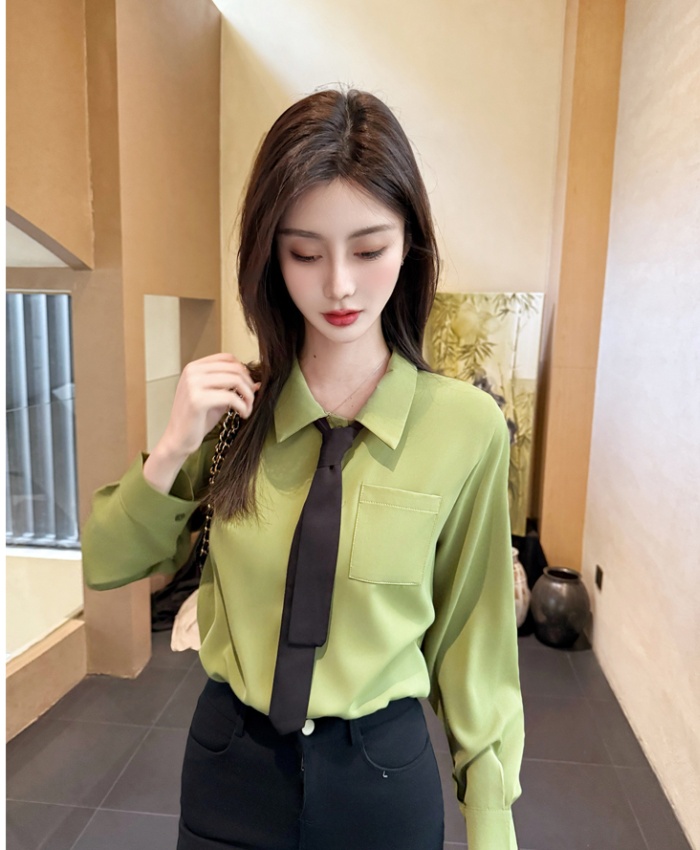 Niche chiffon green shirt long sleeve spring tops for women