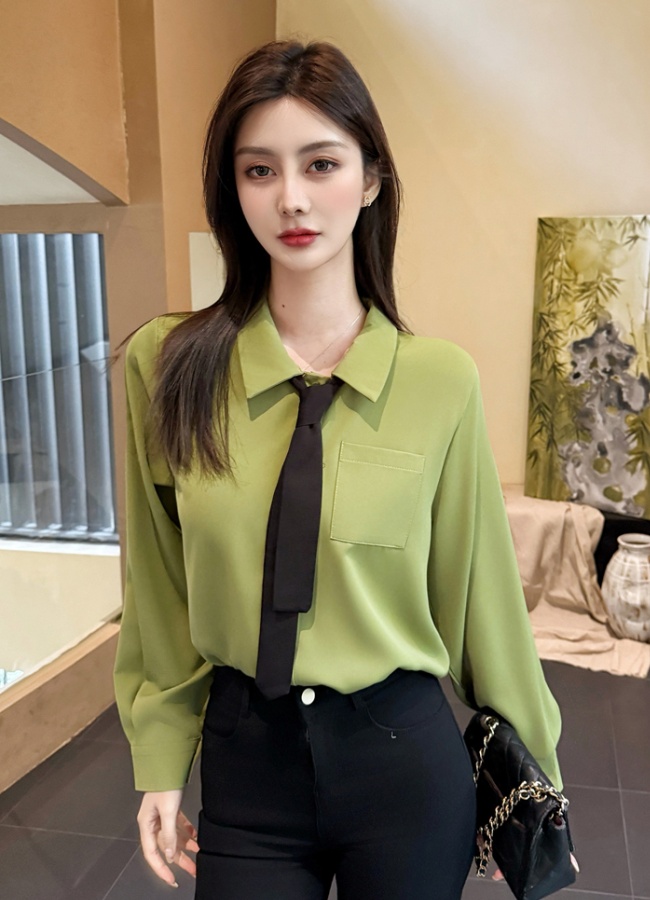 Niche chiffon green shirt long sleeve spring tops for women