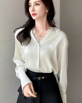 Lace niche spring tops satin Pseudo-two shirt