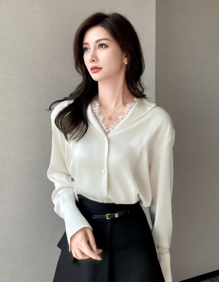 Lace niche spring tops satin Pseudo-two shirt