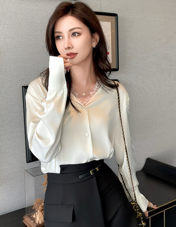 Lace niche spring tops satin Pseudo-two shirt