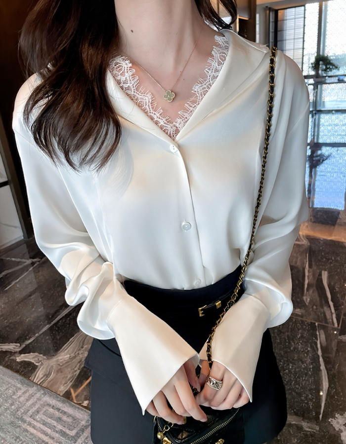 Lace niche spring tops satin Pseudo-two shirt